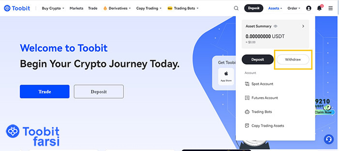 انتخاب دکمه برداشت (Withdraw) در صرافی توبیت