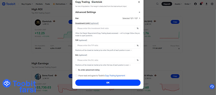انتخاب Advanced Settings در کپی ترید